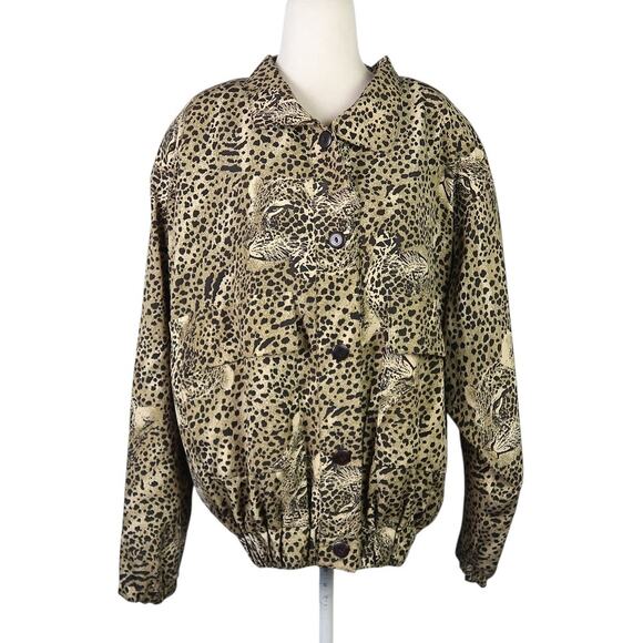 Vintage 80s Tan and Black Cheetah Print Satin Bomber Jacket - Picture 1 of 8